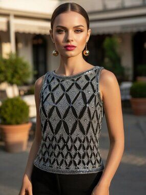 VINTAGE COTE D'AZUR Beaded Silk Top S Peplum Sequin Embroidered Glam Bling